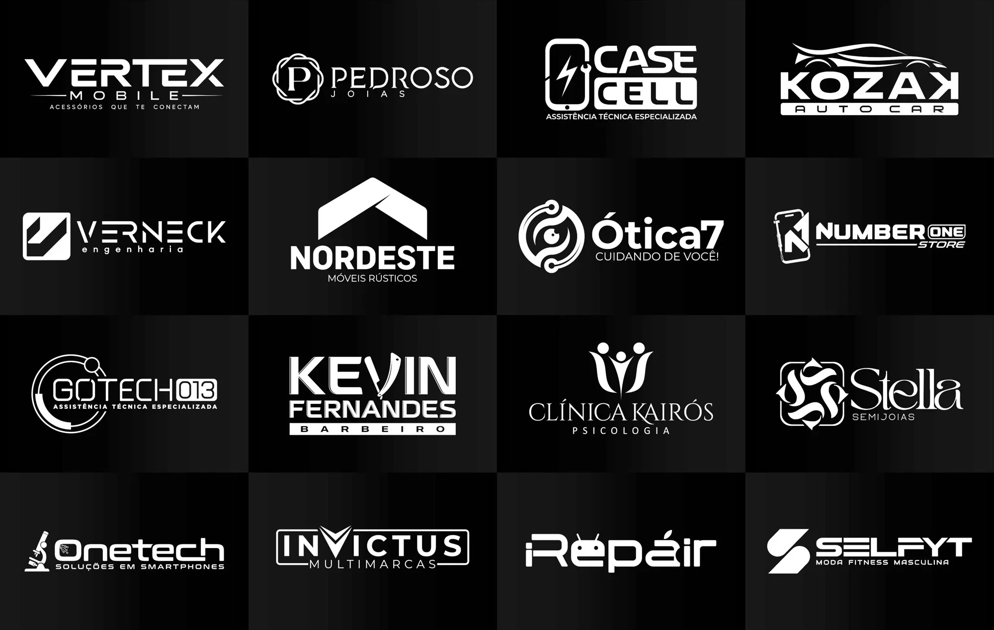 Marcas criadas pela Logotop: Vertex Mobile, Pedroso Joias, Case Cell, Kozak Auto Car, Verneck Engenharia, Nordeste Móveis Rústicos, Ótica7, Number One Store, Gotech013, Kevin Fernandes Barbeiro, Clínica Kairós, Stella Semijoias, Onetech, Invictus Multimarcas, iRepair e Selfyt